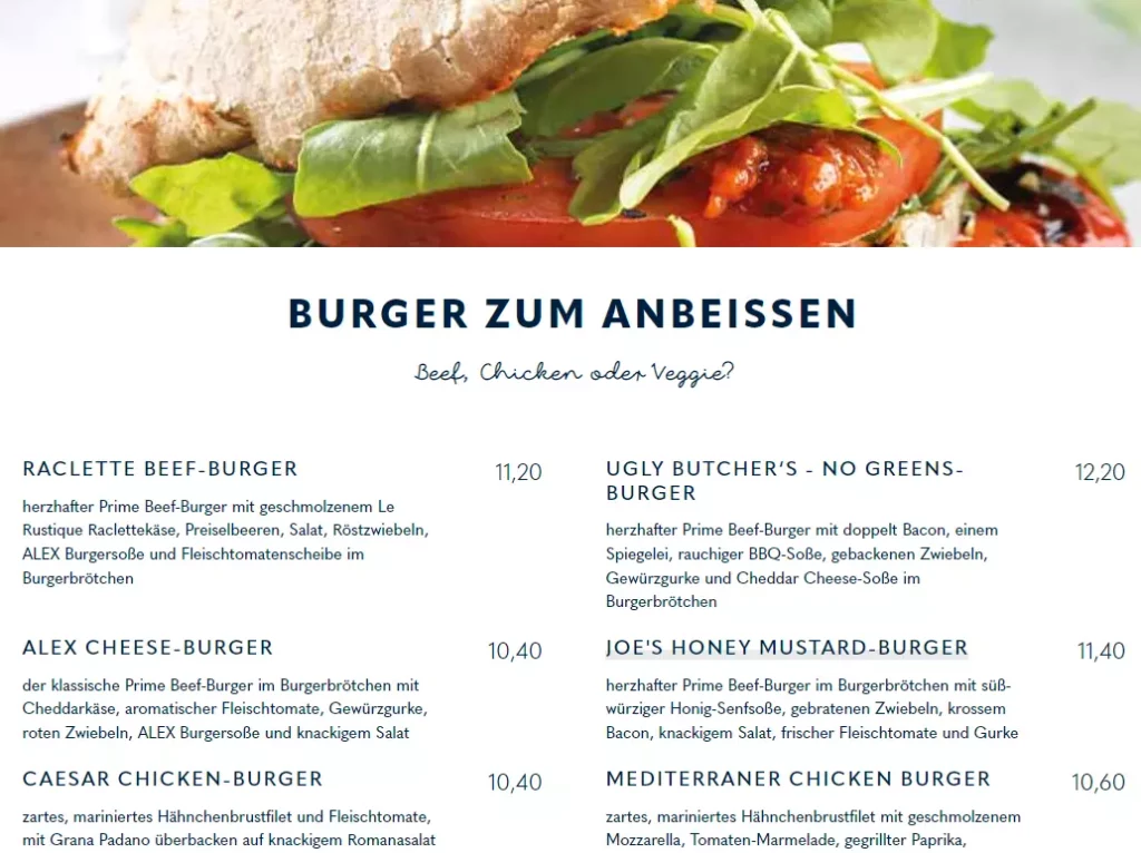 ALEX SPEISEKARTE BURGER ZUM ANBEISSEN