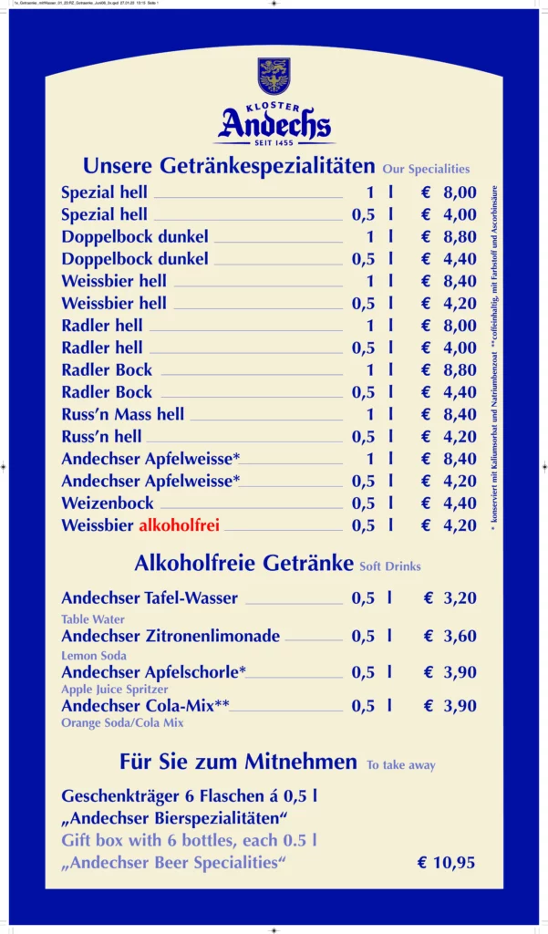 KLOSTER ANDECHS DAS CAFE SPEISEKARTE MIT PREISE