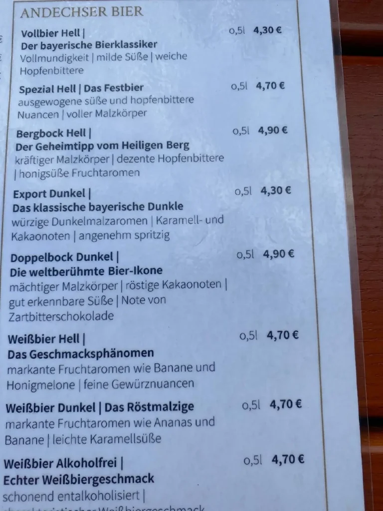 Kloster Andechs Deutschland Speisekarte preise