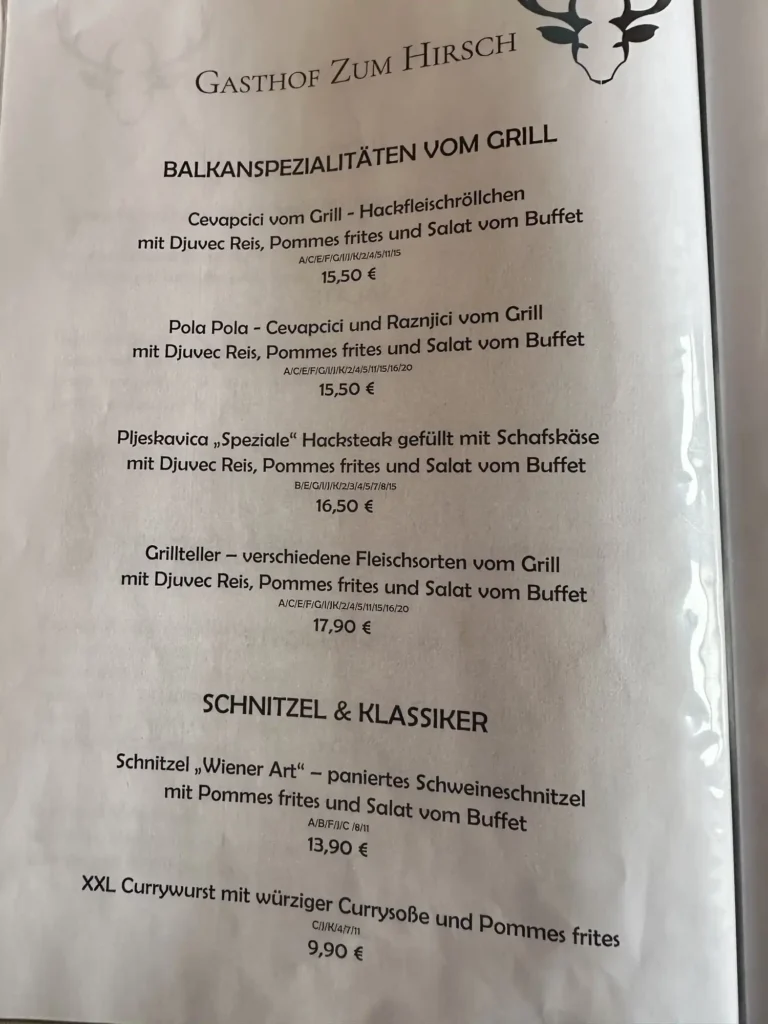 Gasthaus Hirsch Suppen Speisekarte Preis2024