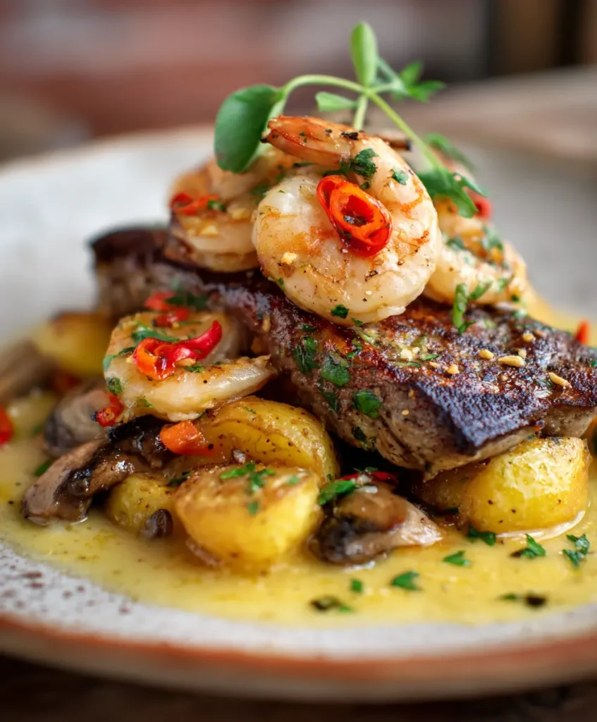 Filete con camarones y papas con mantequilla de ajo