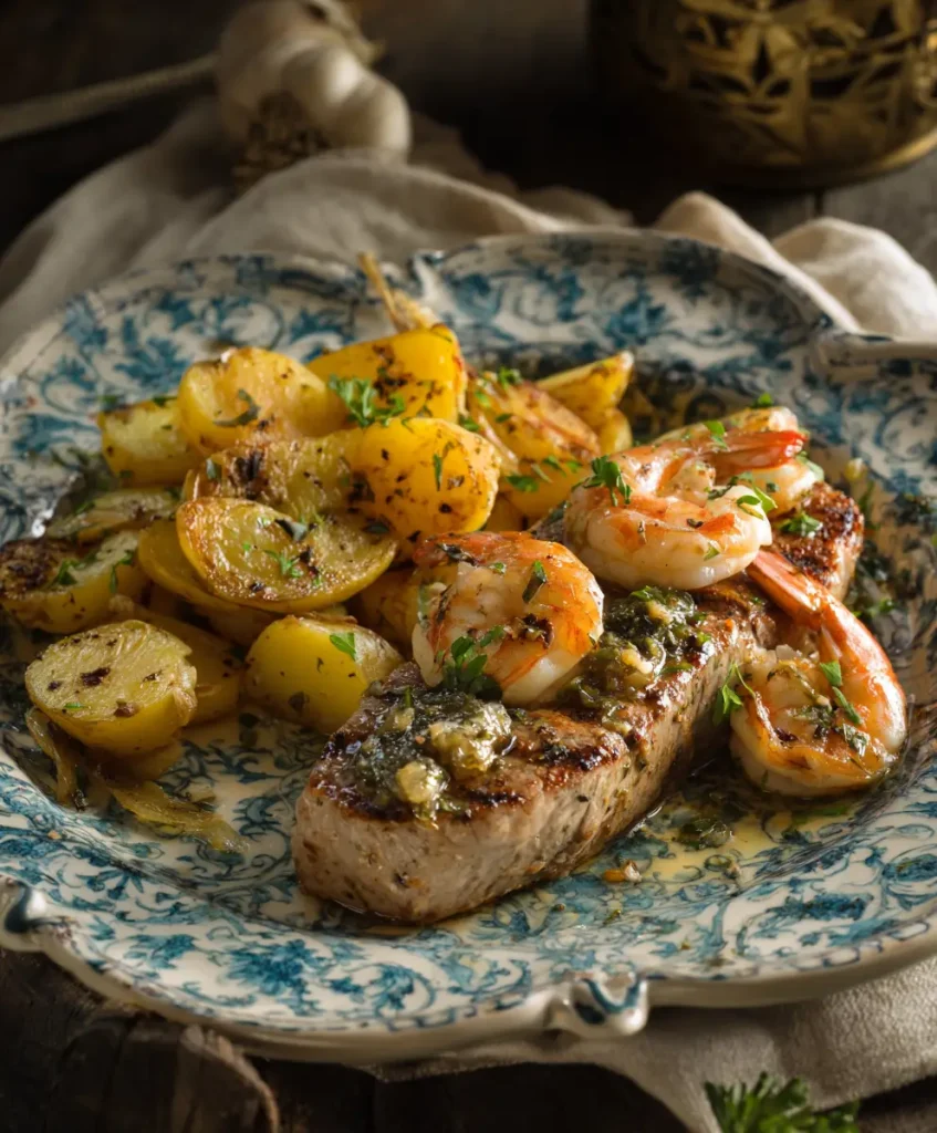Filete con camarones y papas con mantequilla de ajo