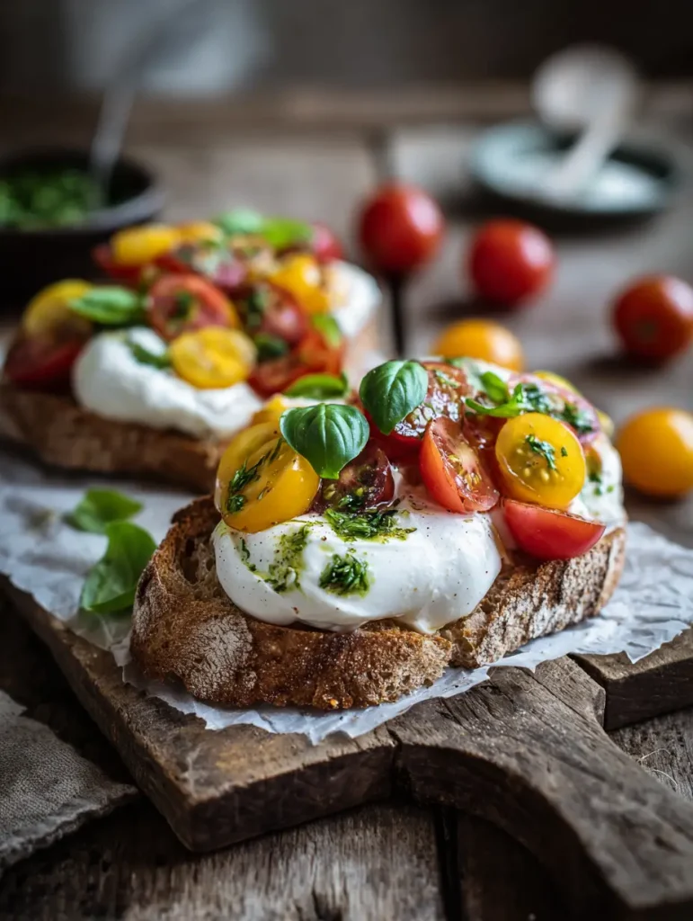 Burrata Bruschetta Sommerfeeling auf knusprigem Brot