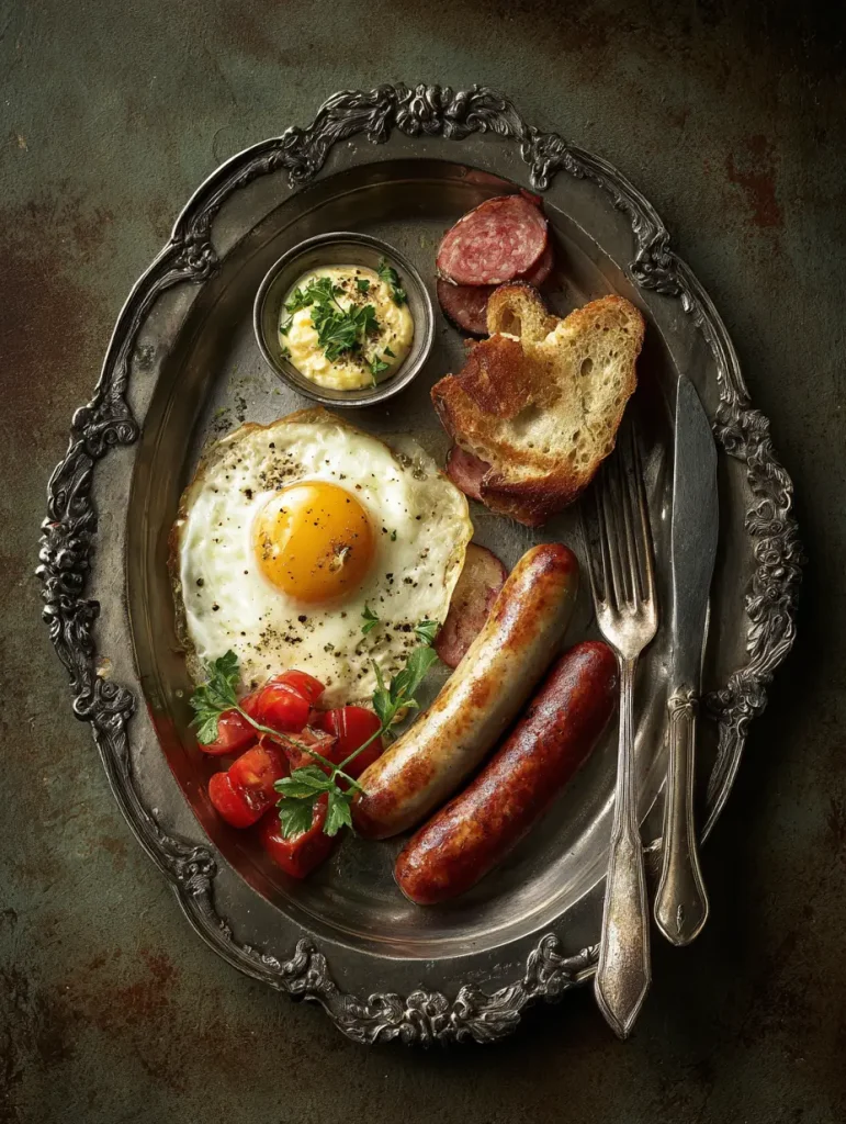 Frühstück mit Spiegelei und Wurst nach Bauernart