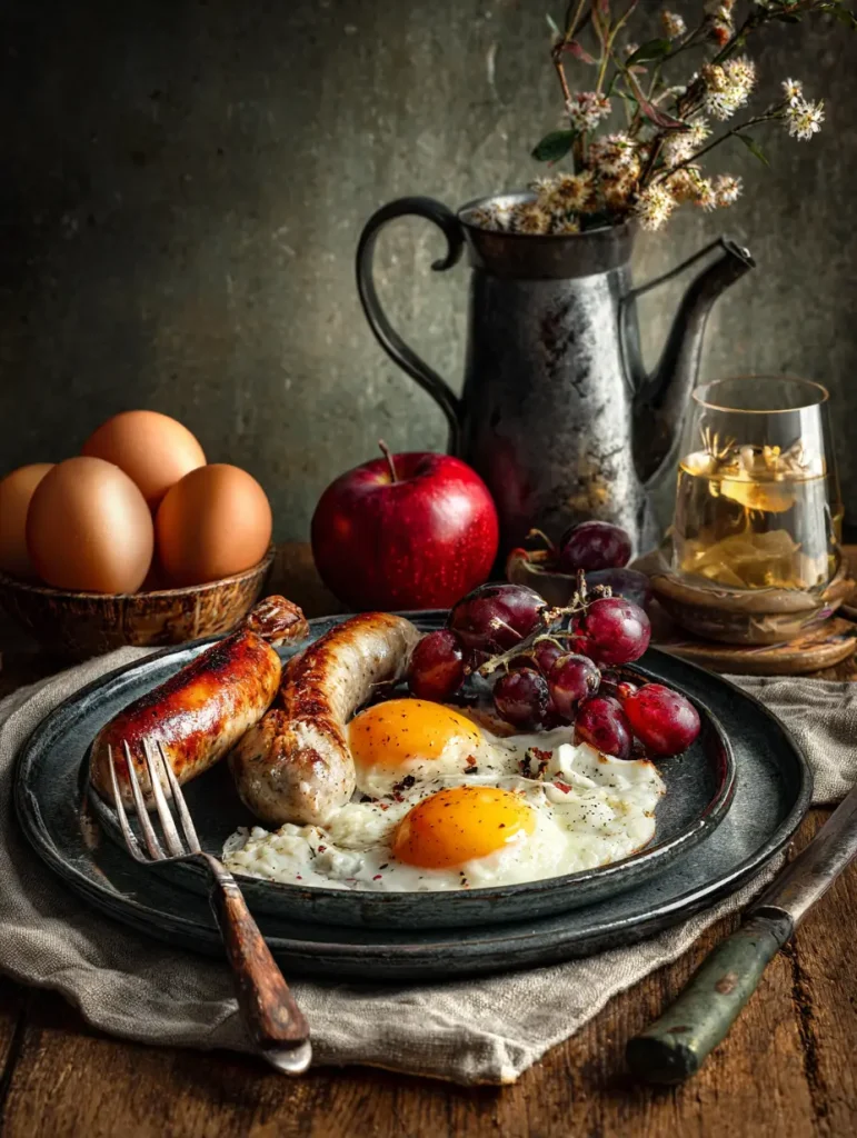 Frühstück mit Spiegelei und Wurst nach Bauernart rezepte