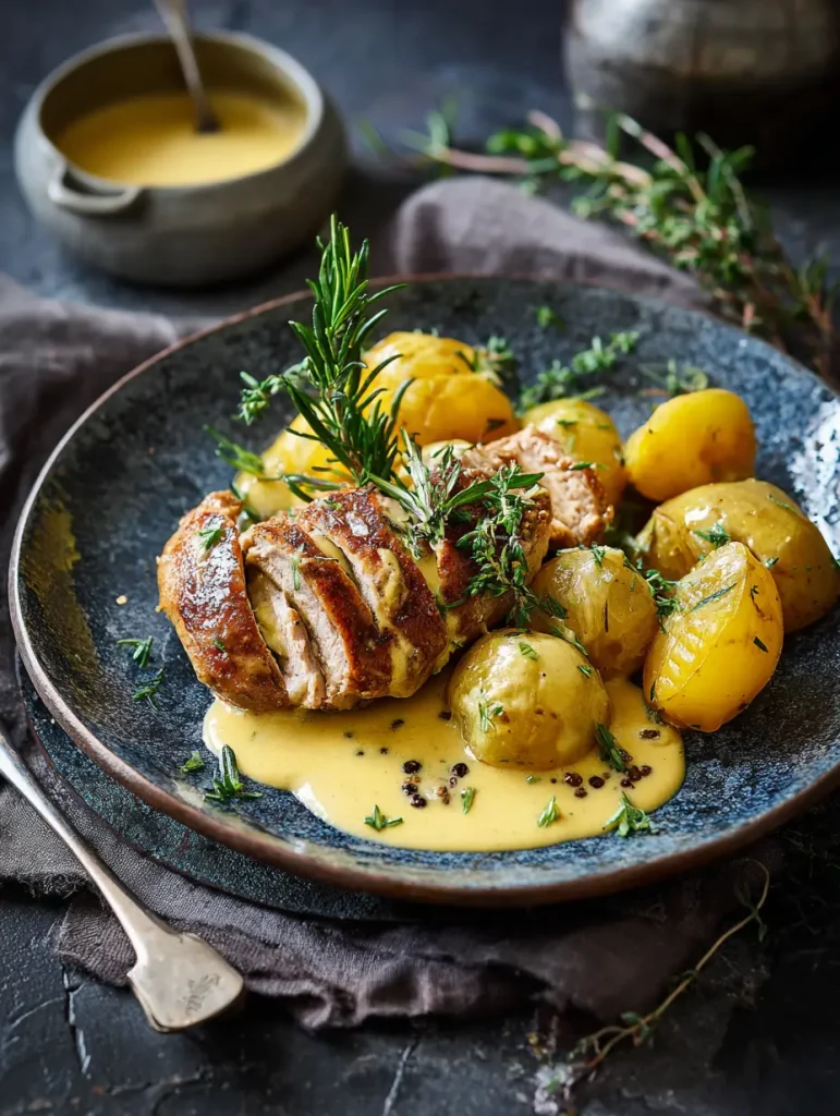Hähnchen und Kartoffeln mit Dijon Sahnesauce