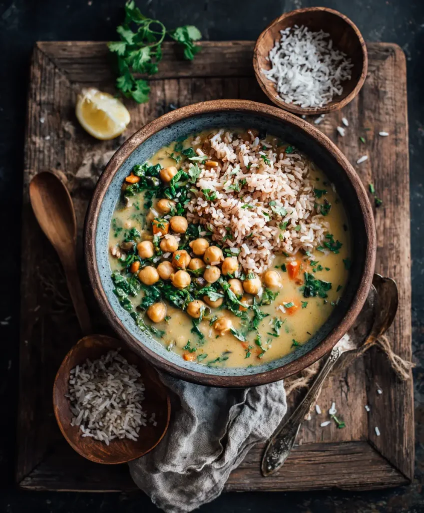 Herzhafte Kichererbsen Gemüse Suppe mit braunem Reis