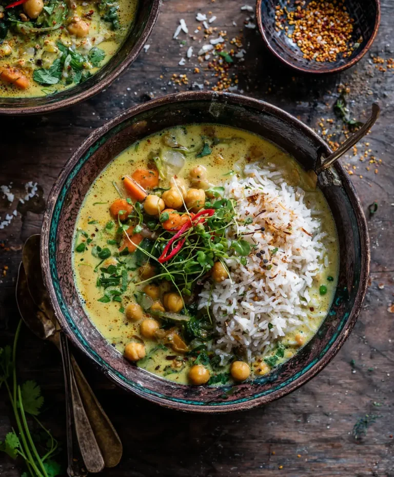 Herzhafte Kichererbsen Gemüse Suppe mit braunem Reis