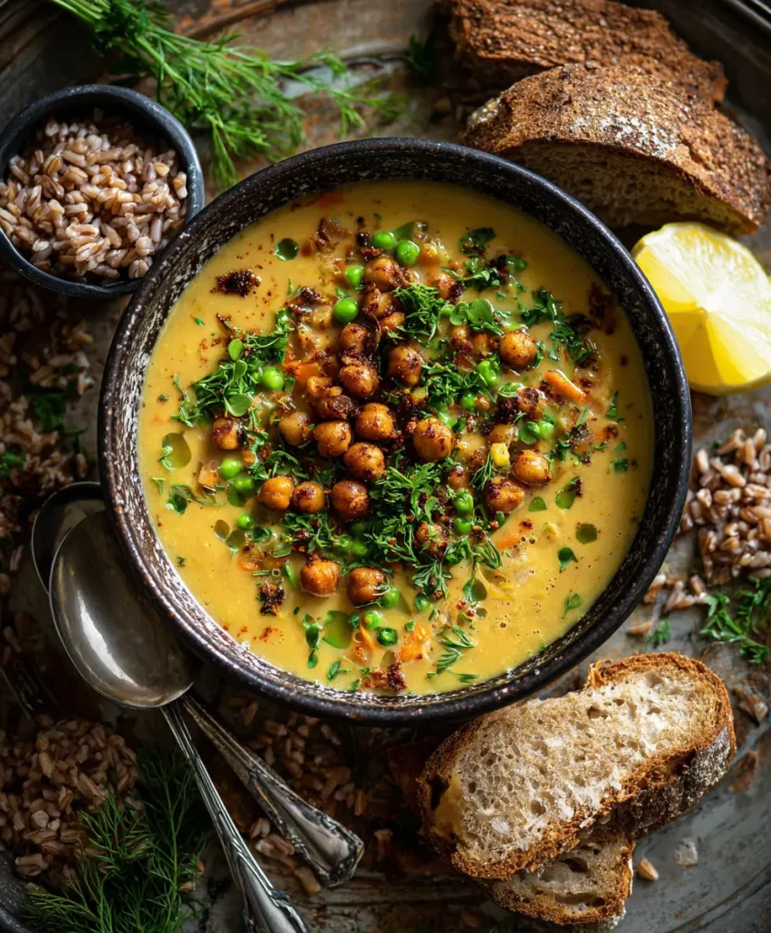 Herzhafte Kichererbsen Gemüse Suppe mit braunem Reis