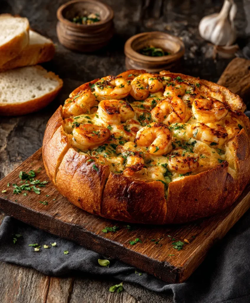 Pan de ajo con camarones y queso