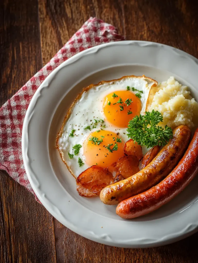 Frühstück mit Spiegelei und Wurst nach Bauernart
