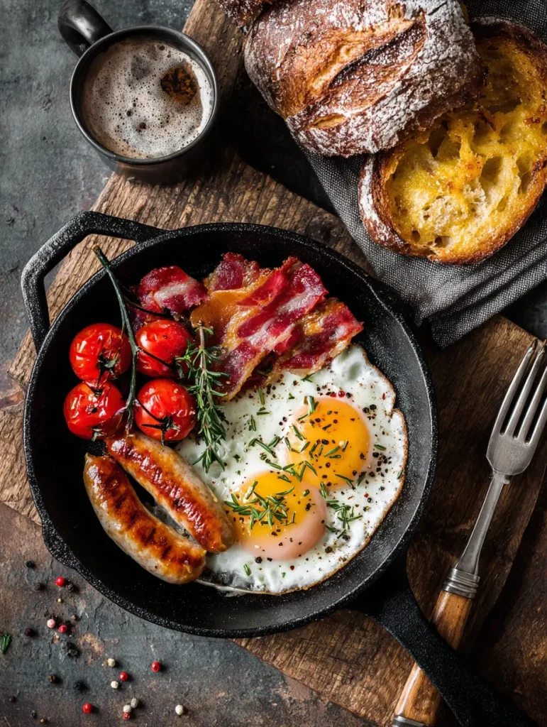 Frühstück mit Spiegelei und Wurst nach Bauernart