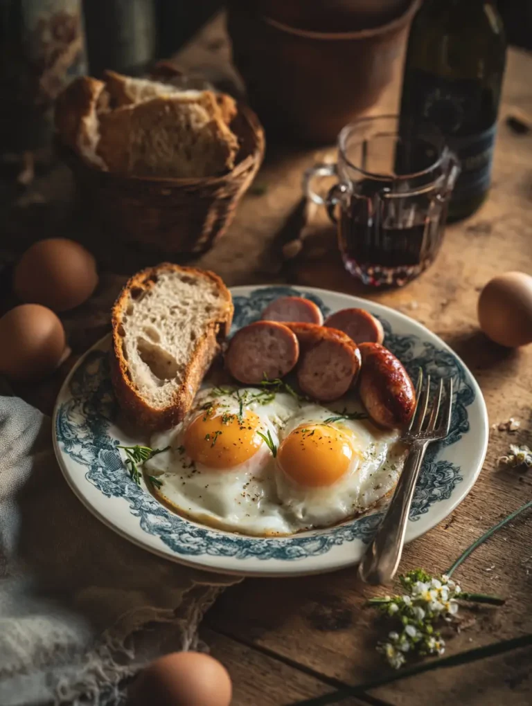Frühstück mit Spiegelei und Wurst nach Bauernart