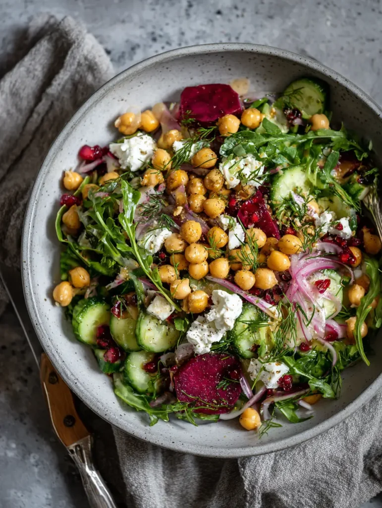 Gurkensalat mit Kichererbsen und Hirtenkäse