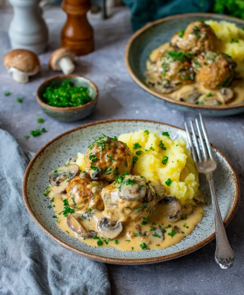 Hackbällchen in cremiger Sauce mit KartoffelpüreHackbällchen in cremiger Sauce mit Kartoffelpüreee