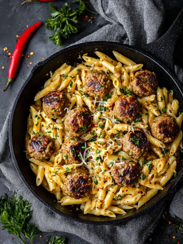 Käsige Honig BBQ Fleischbällchen Pasta aus einer Pfanne