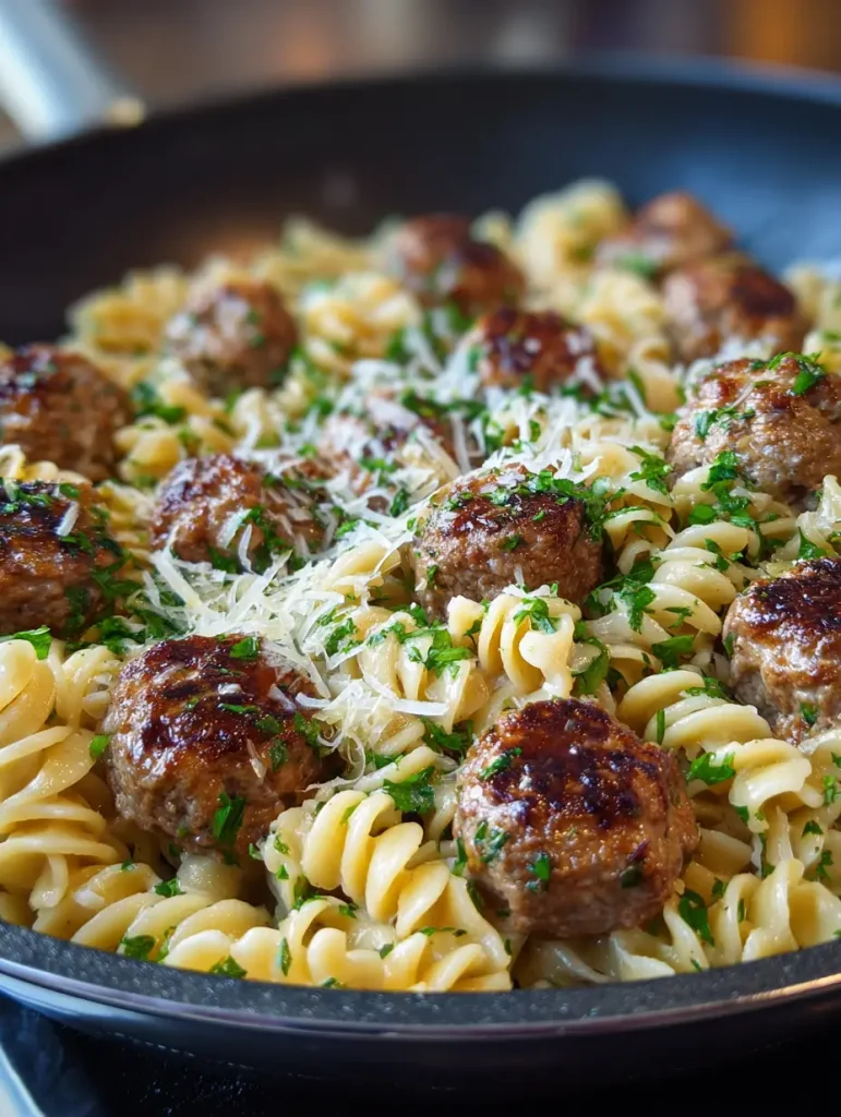 Käsige Honig BBQ Fleischbällchen Pasta aus einer Pfanne
