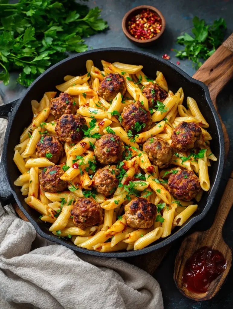 Käsige Honig BBQ Fleischbällchen Pasta aus einer Pfanne