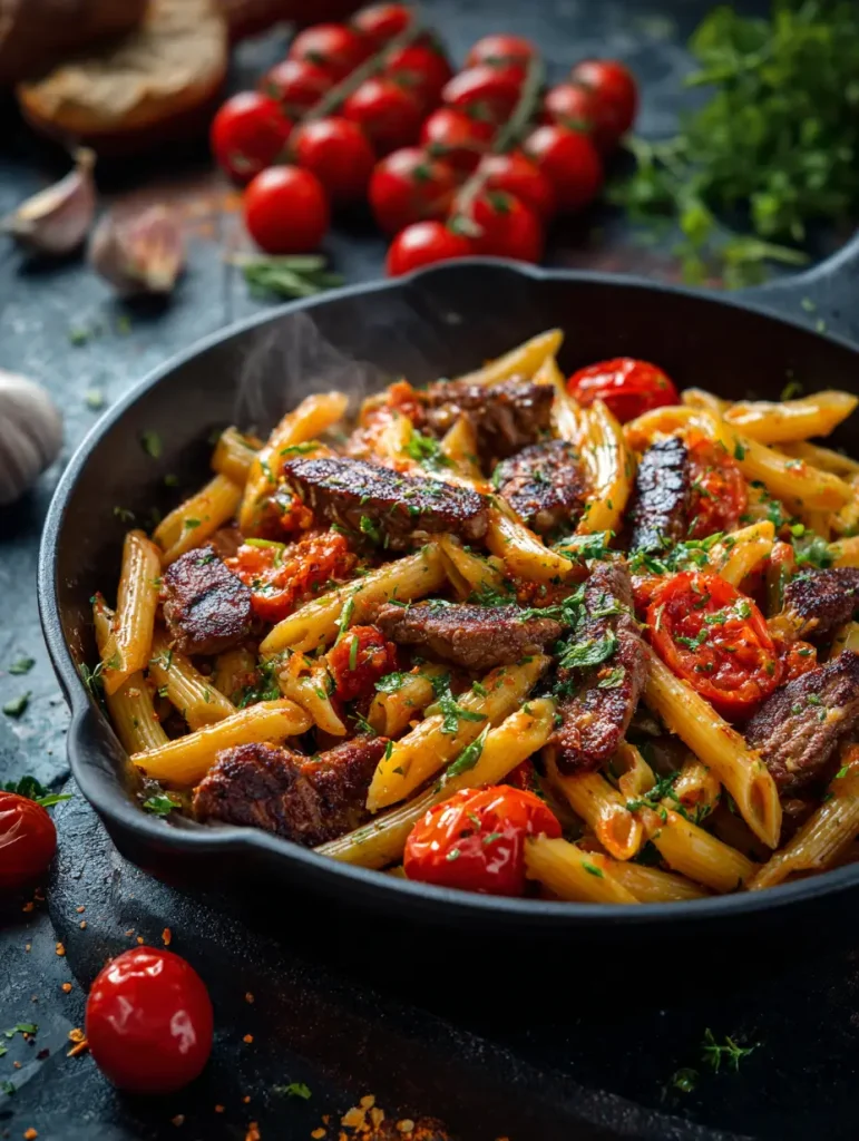 Kräftiger Honig BBQ Steak Penne aus einer Pfanne