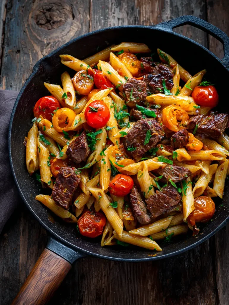 Kräftiger Honig BBQ Steak Penne aus einer Pfanne