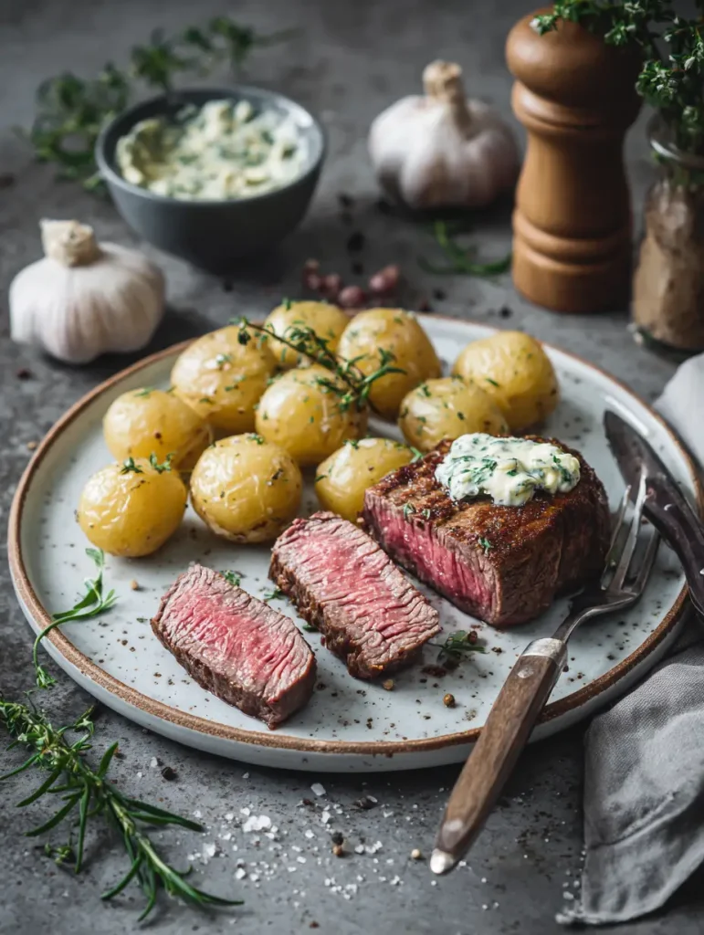 Steakhäppchen mit Knoblauchbutter und Kartoffeln rezepte

                         