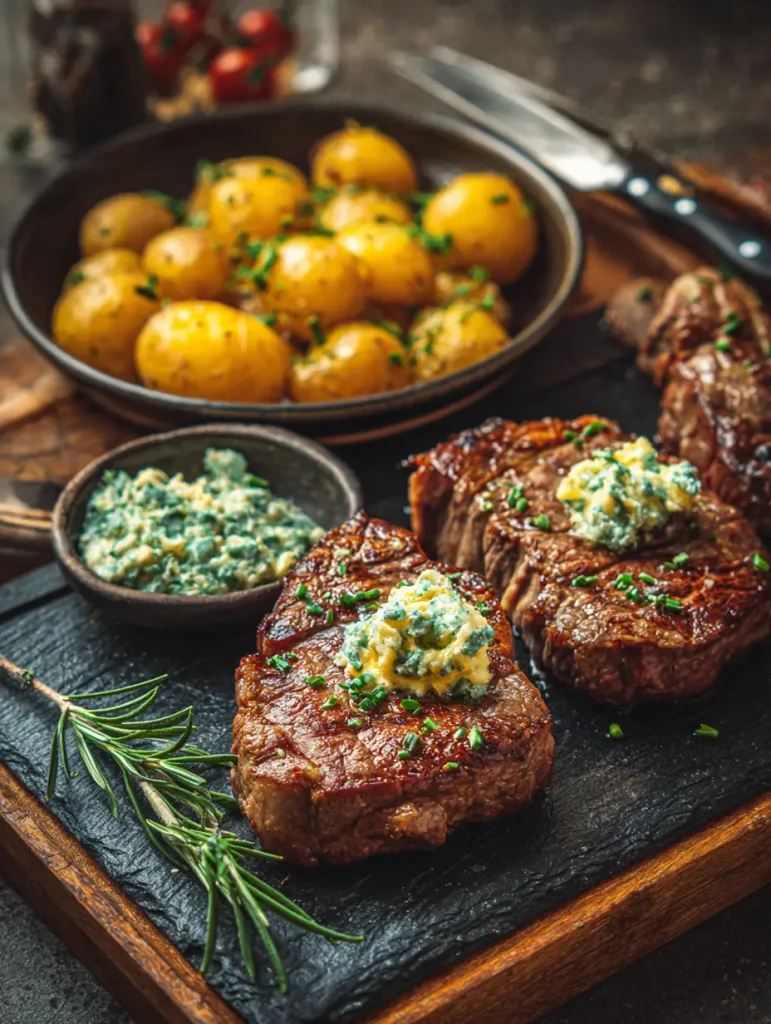 Steakhäppchen mit Knoblauchbutter und Kartoffeln
