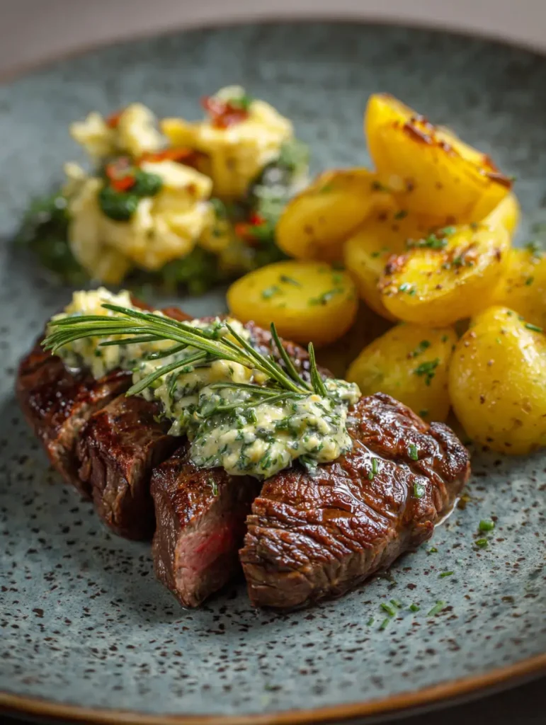 Steakhäppchen mit Knoblauchbutter und Kartoffeln
