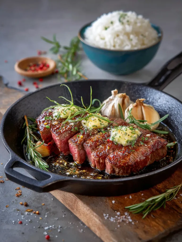 Steakpfanne mit Honig Knoblauchbutter und Reis