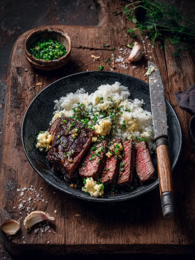 Steakpfanne mit Honig Knoblauchbutter und Reis