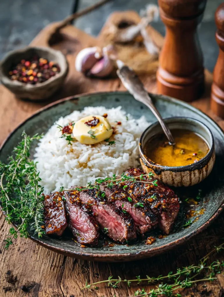 Steakpfanne mit Honig Knoblauchbutter und Reis