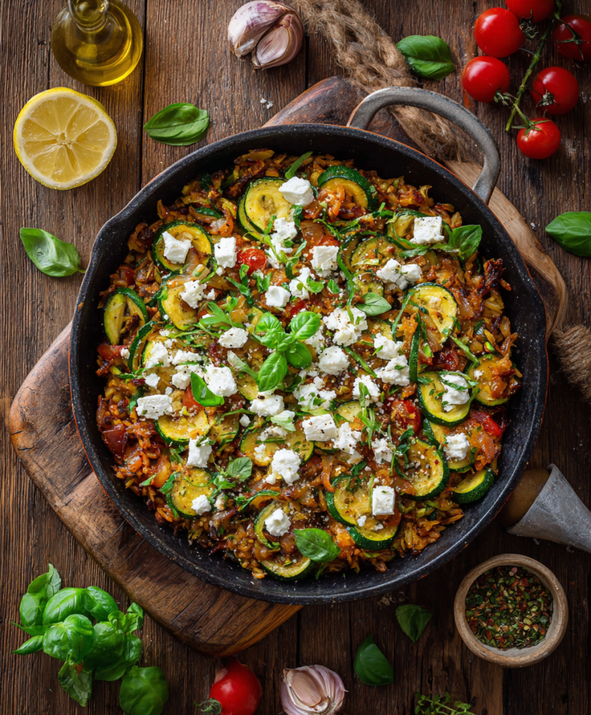 Zucchini Reis Pfanne mit Feta Mediterranes One Pan Wunder