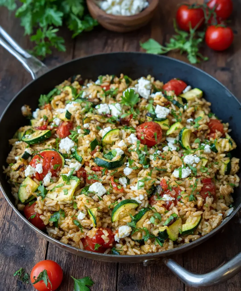 Zucchini Reis Pfanne mit Feta Mediterranes One Pan Wunder