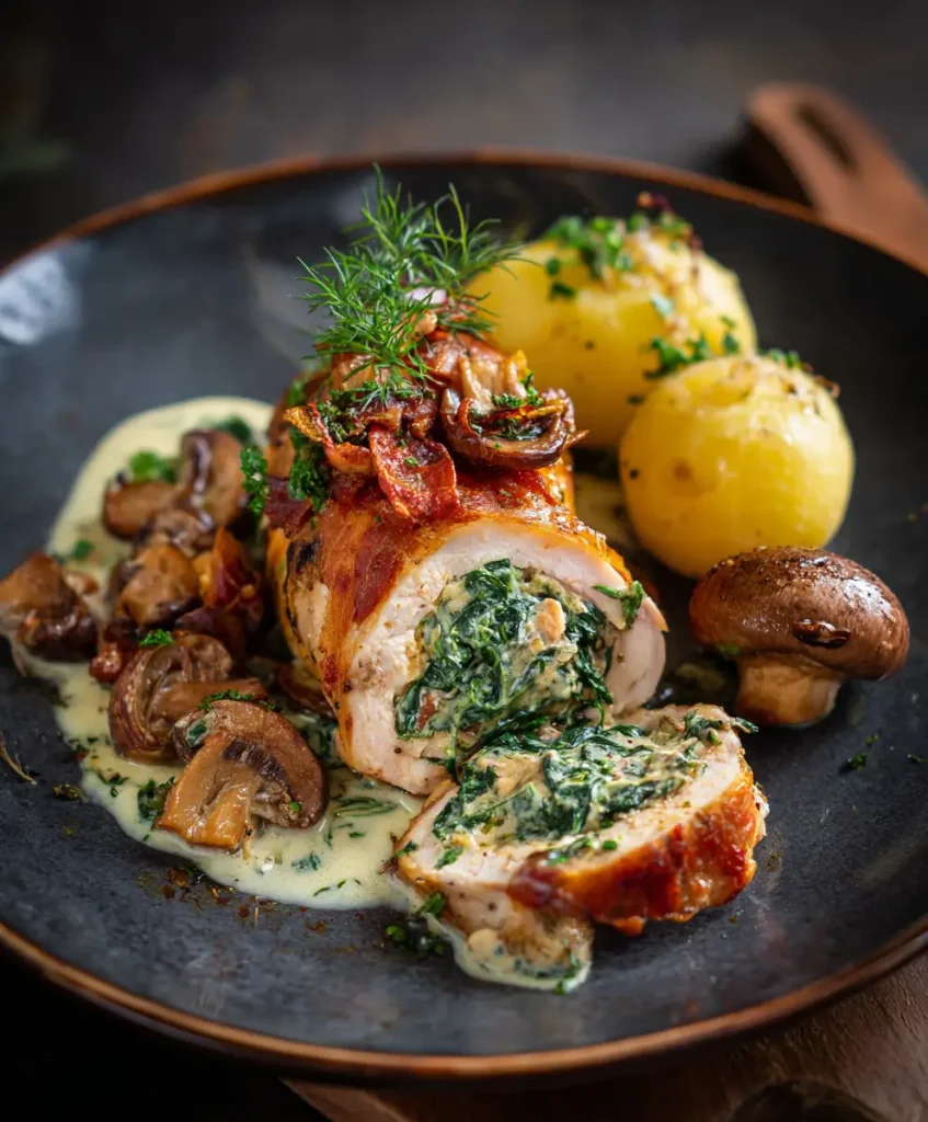 Gefüllte Hähnchenbrust mit Pilzen und Spinat