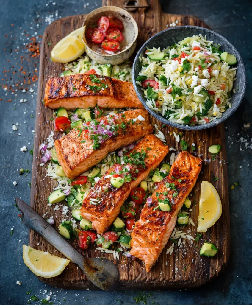 Gegrillter Lachs mit griechischer Avocado Salsa und Orzo