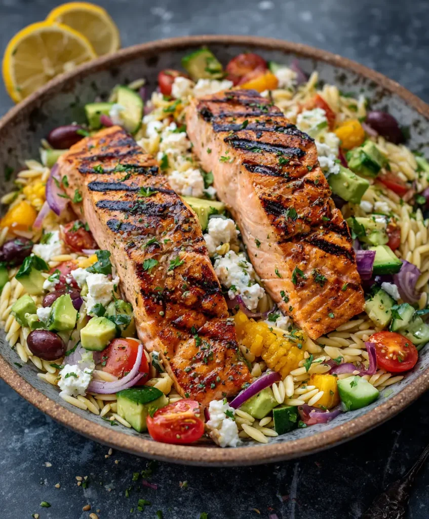 Gegrillter Lachs mit griechischer Avocado Salsa und Orzo
