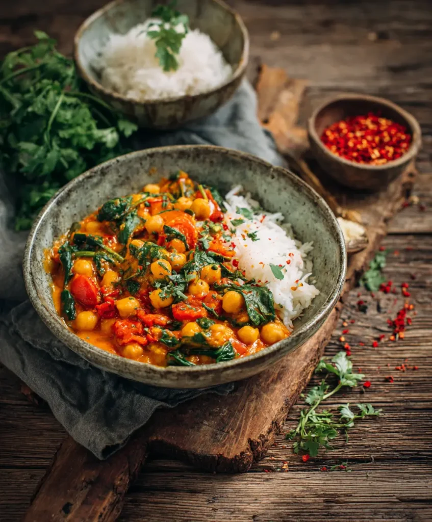 Instant Curry mit Kichererbsen Tomaten und Spinat