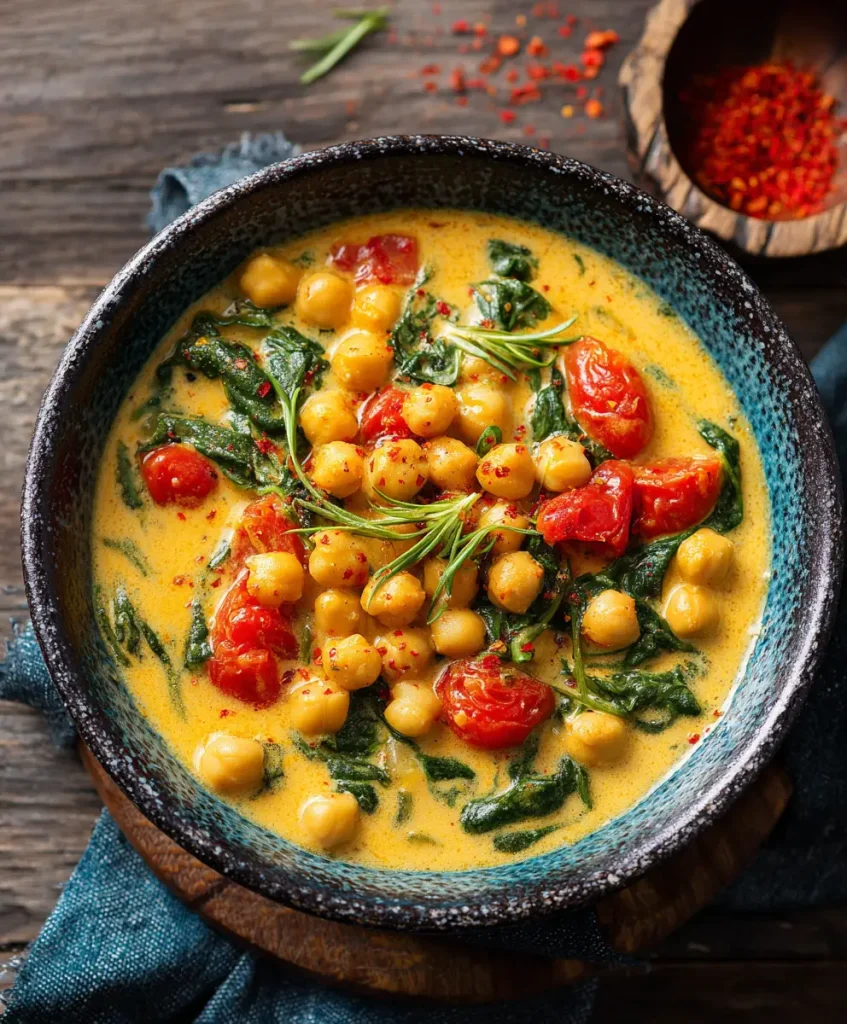 Instant Curry mit Kichererbsen Tomaten und Spinat